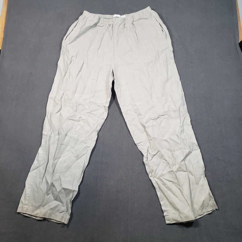 Cut Loose Pants Womens Small Beige‎ 100% Linen Elastic Waist Straight Leg USA
